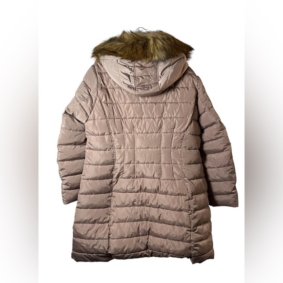 Kenneth Cole Taupe Puffer Coat Women’s XL Long Hooded Jacket Faux Fur Lined Warm - Picture 7 of 10